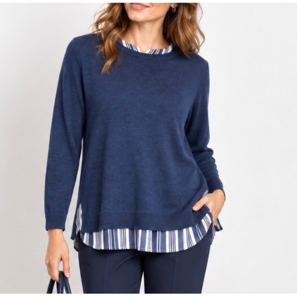 J. Jill Layer Look Sweater S Round Neck Silk Blend Stripe Hem Blue Casual Career